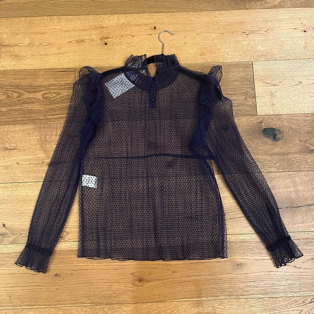 Sézane Navy Sheer Polka Dot Ruffle Blouse - Picture 8 of 8